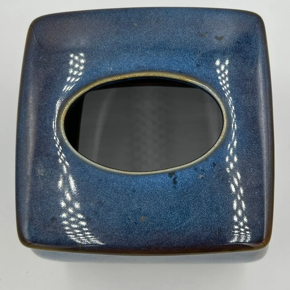 Ceramic Tissue Box Cover Blue Brick Reactive Glaze Square NWOT DENBY-5